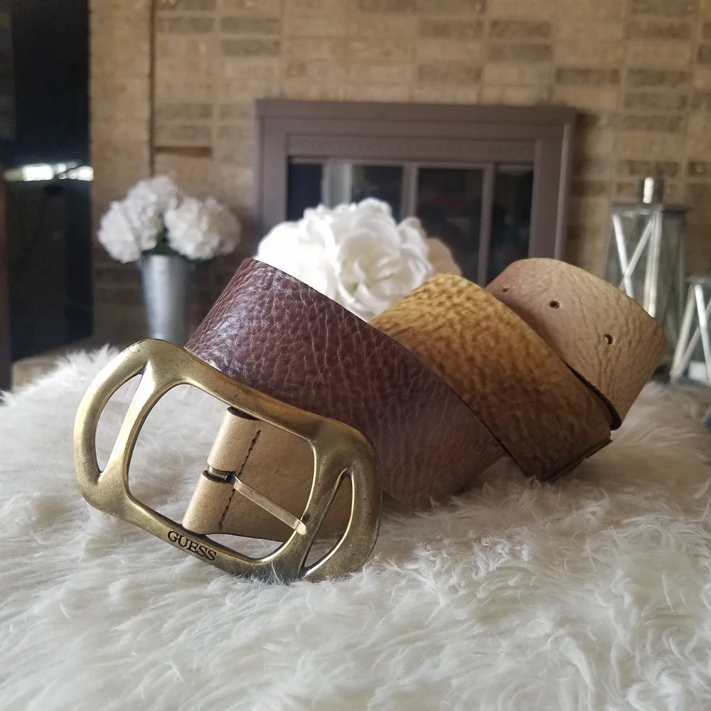 Guess Genuine Leather Ombre Brown Beige Belt with Brass Buckle Like NEW